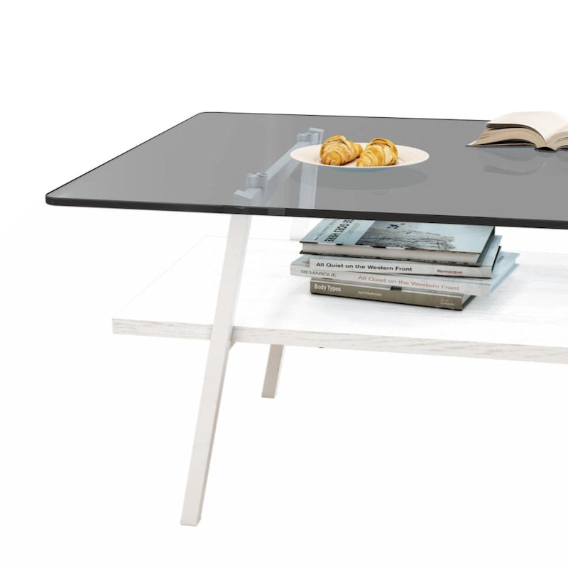 Rectangle Coffee Table, Tempered Glass Tabletop with Black Metal Legs, Modern Table for Living Room
