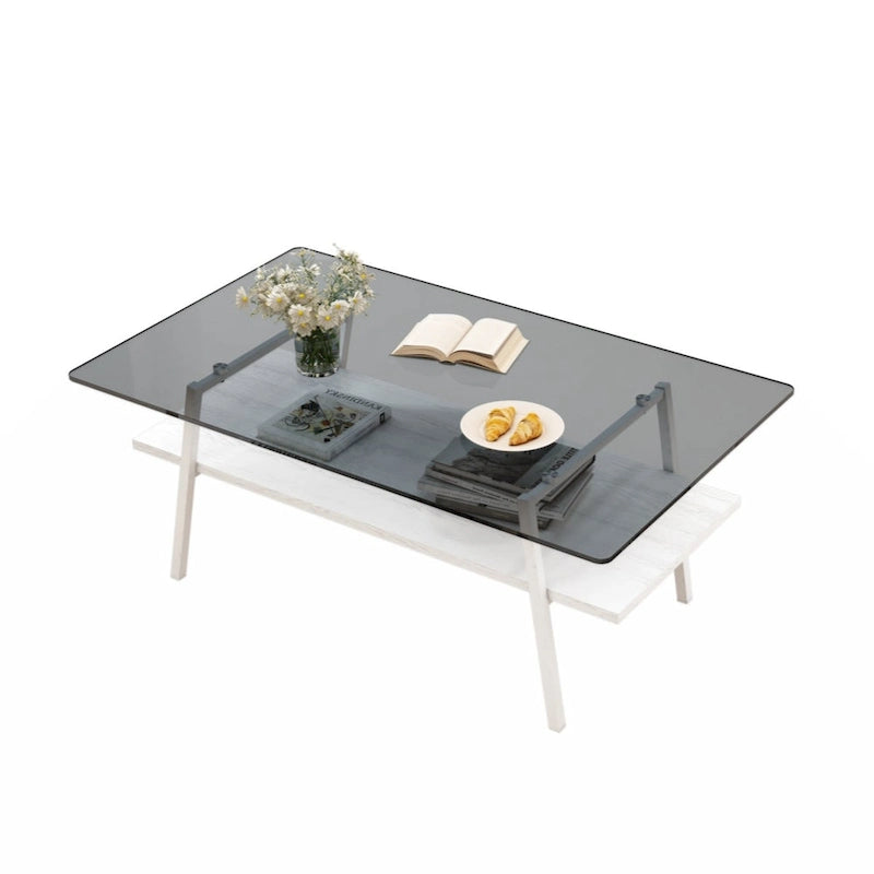 Rectangle Coffee Table, Tempered Glass Tabletop with Black Metal Legs, Modern Table for Living Room