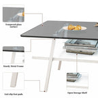 Rectangle Coffee Table, Tempered Glass Tabletop with Black Metal Legs, Modern Table for Living Room