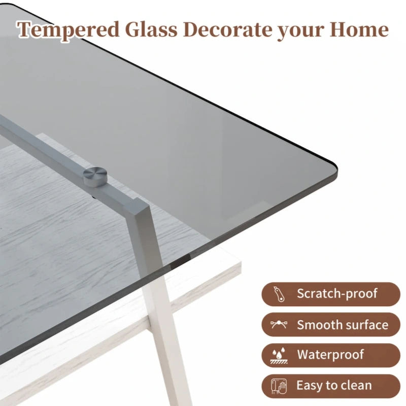Rectangle Coffee Table, Tempered Glass Tabletop with Black Metal Legs, Modern Table for Living Room