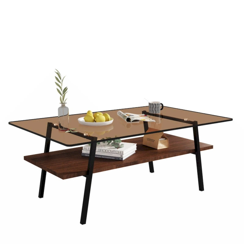 Rectangle Coffee Table, Tempered Glass Tabletop with Black Metal Legs, Modern Table for Living Room