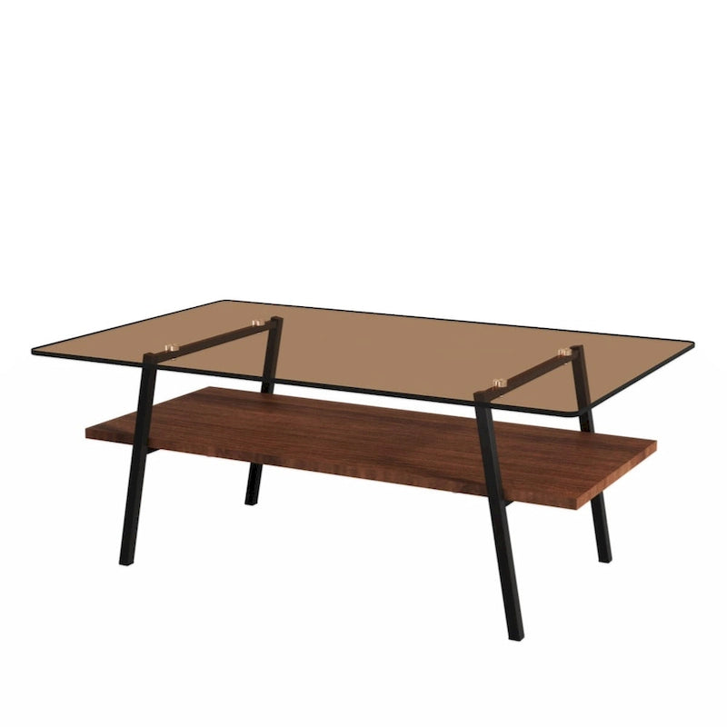 Rectangle Coffee Table, Tempered Glass Tabletop with Black Metal Legs, Modern Table for Living Room