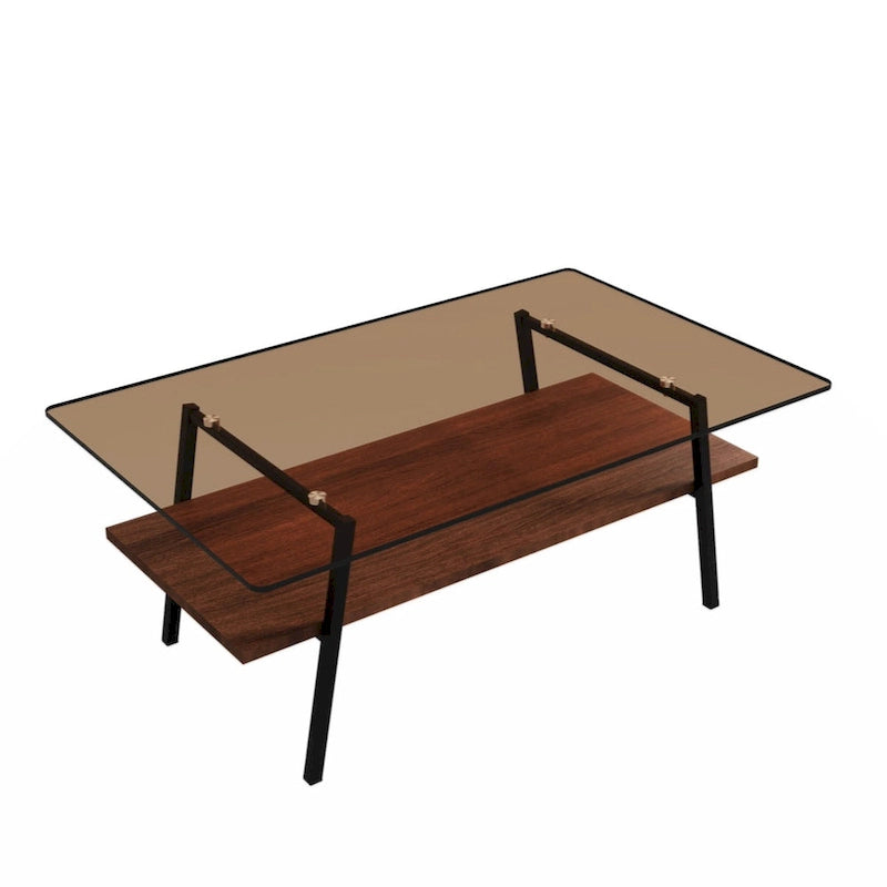 Rectangle Coffee Table, Tempered Glass Tabletop with Black Metal Legs, Modern Table for Living Room