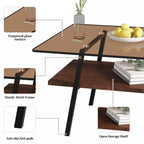 Rectangle Coffee Table, Tempered Glass Tabletop with Black Metal Legs, Modern Table for Living Room