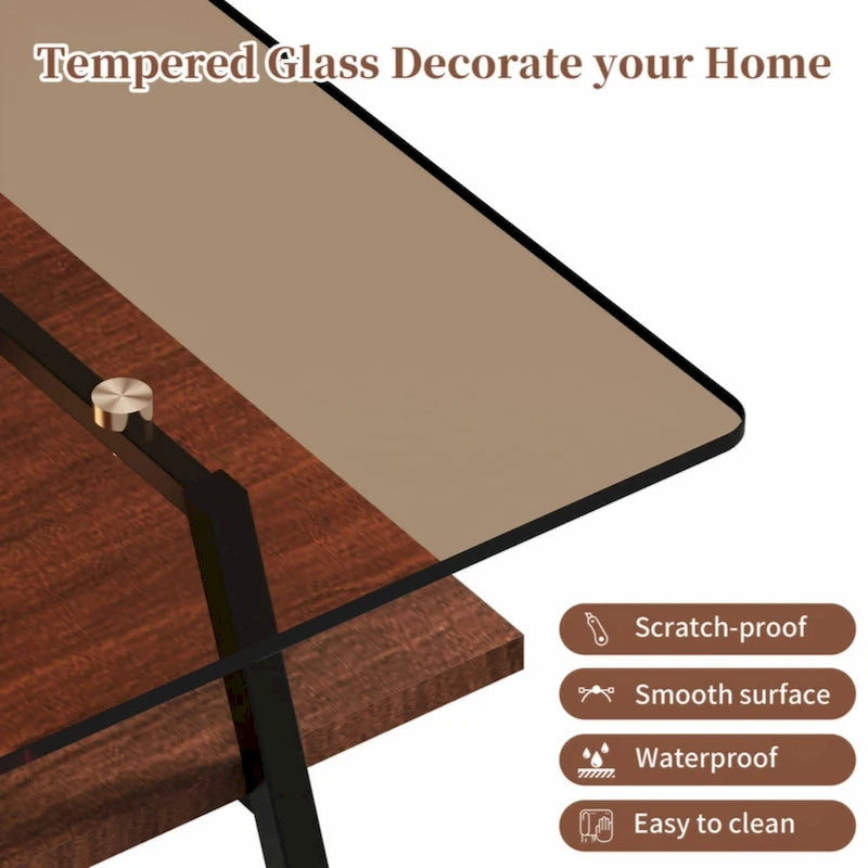 Rectangle Coffee Table, Tempered Glass Tabletop with Black Metal Legs, Modern Table for Living Room