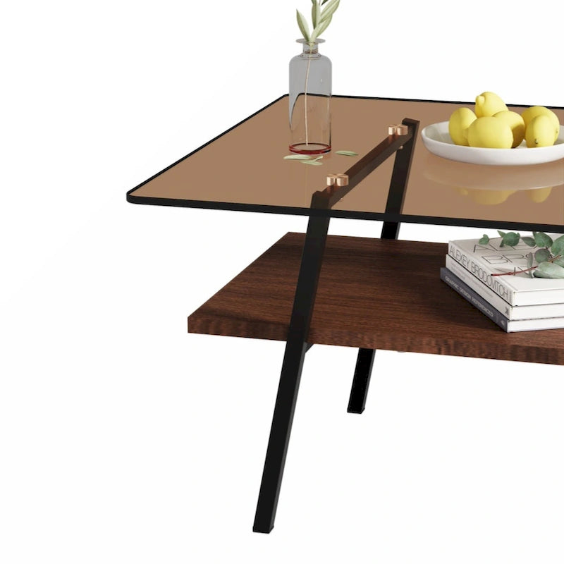 Rectangle Coffee Table, Tempered Glass Tabletop with Black Metal Legs, Modern Table for Living Room