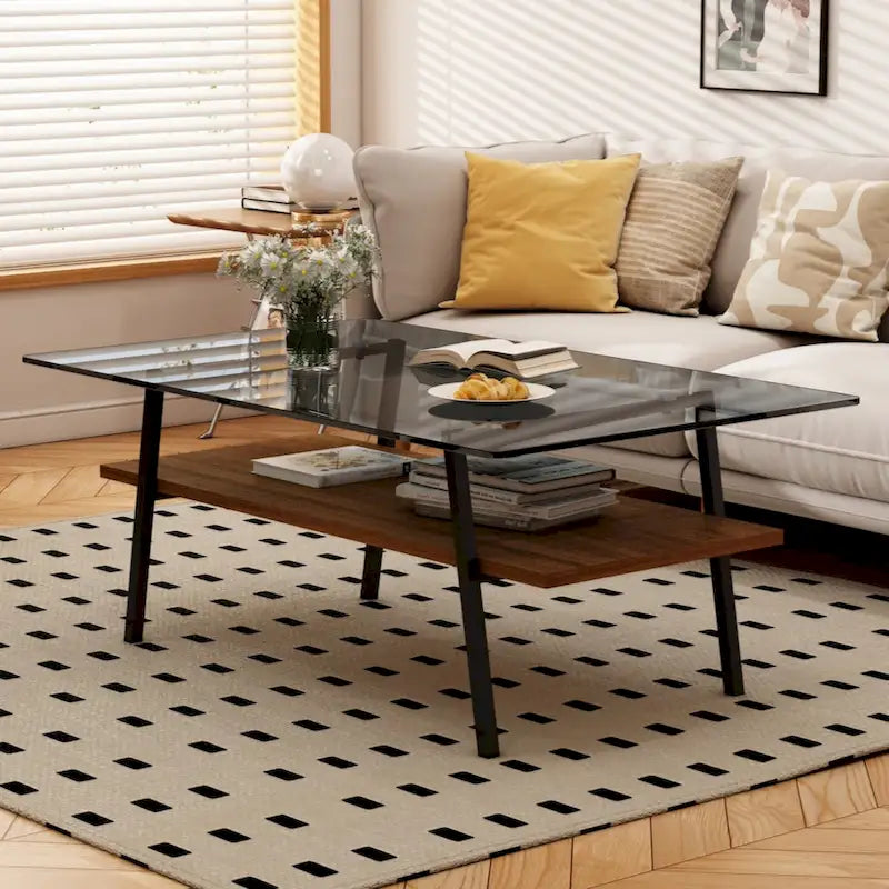 Rectangle Coffee Table, Tempered Glass Tabletop with Black Metal Legs, Modern Table for Living Room