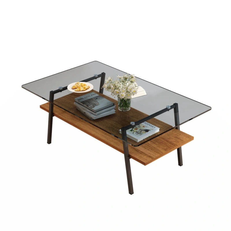 Rectangle Coffee Table, Tempered Glass Tabletop with Black Metal Legs, Modern Table for Living Room
