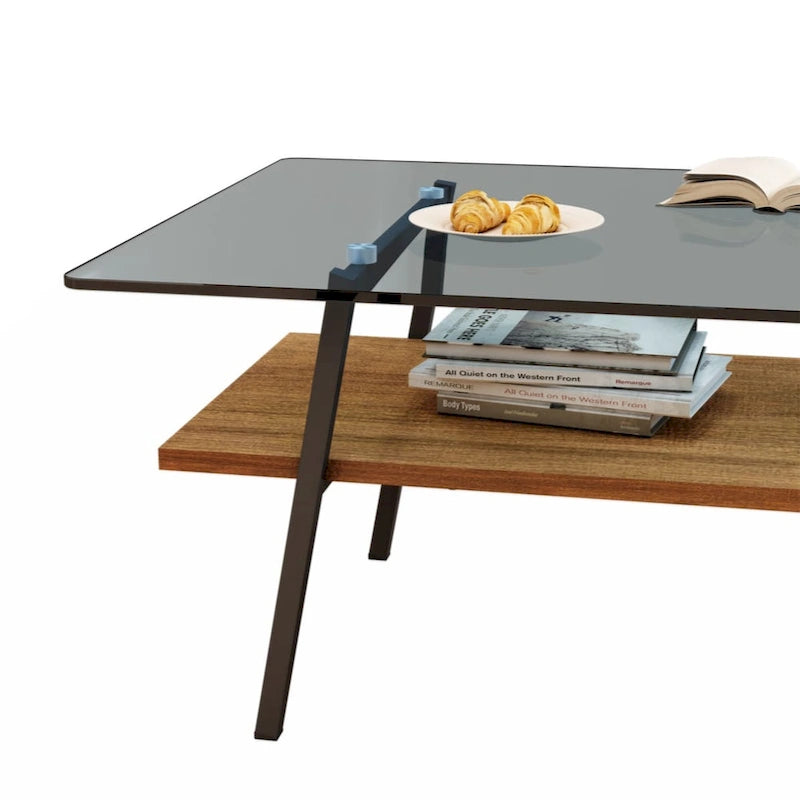 Rectangle Coffee Table, Tempered Glass Tabletop with Black Metal Legs, Modern Table for Living Room