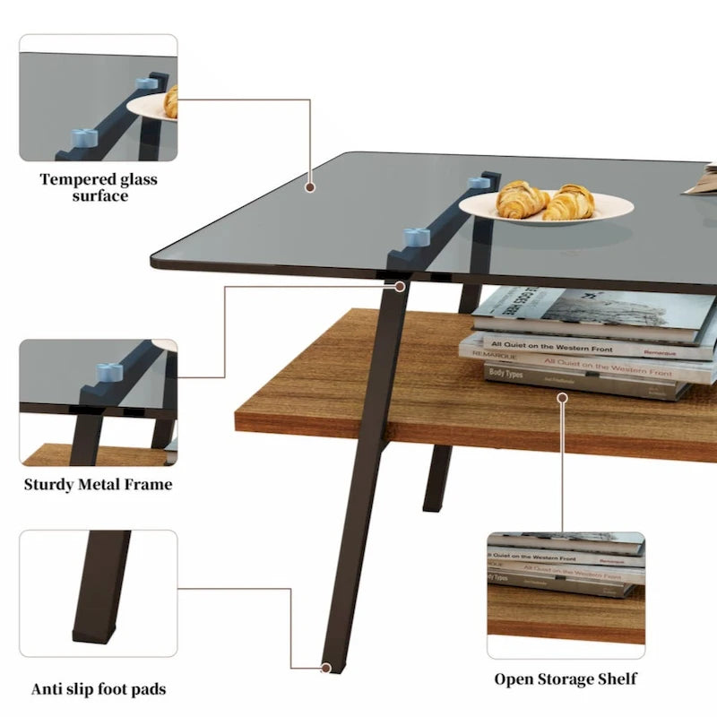 Rectangle Coffee Table, Tempered Glass Tabletop with Black Metal Legs, Modern Table for Living Room