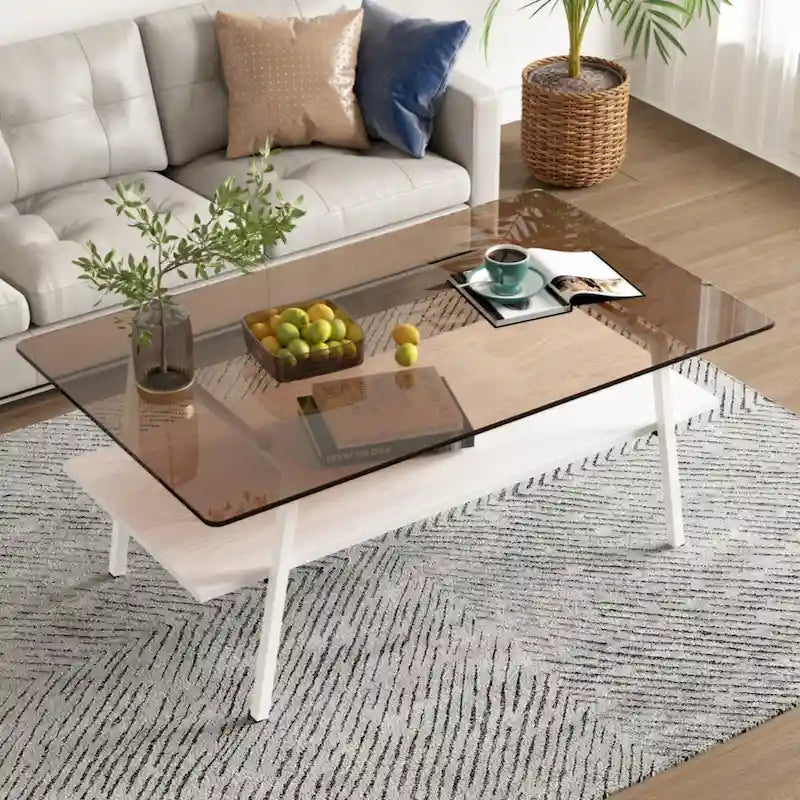 Rectangle Coffee Table, Tempered Glass Tabletop with Black Metal Legs, Modern Table for Living Room