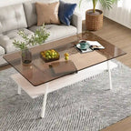 Rectangle Coffee Table, Tempered Glass Tabletop with Black Metal Legs, Modern Table for Living Room