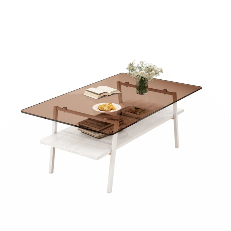 Rectangle Coffee Table, Tempered Glass Tabletop with Black Metal Legs, Modern Table for Living Room