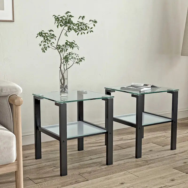 Set of 2, Glass two layer tea table, small round table, bedroom corner table, living room side table