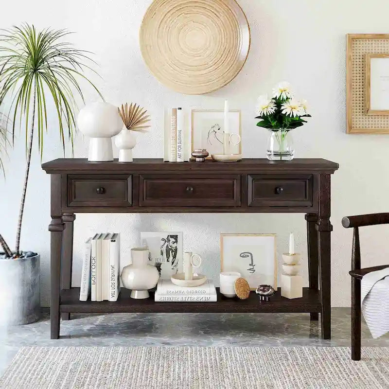 50L Classic Retro Style Console Table with Three Top Drawers and Open Style Bottom Shelf (Gray Wash)