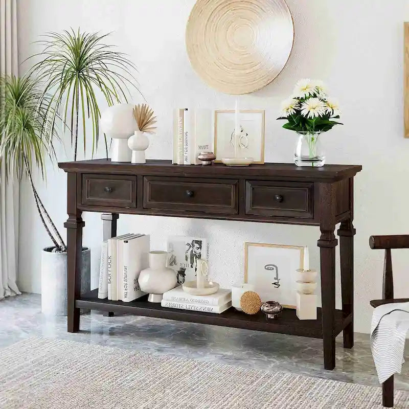 50L Classic Retro Style Console Table with Three Top Drawers and Open Style Bottom Shelf (Gray Wash)