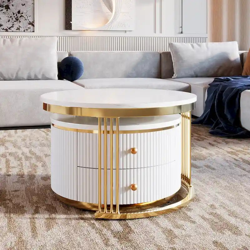 2 Pieces White Round Nesting Coffee Table with Drawers