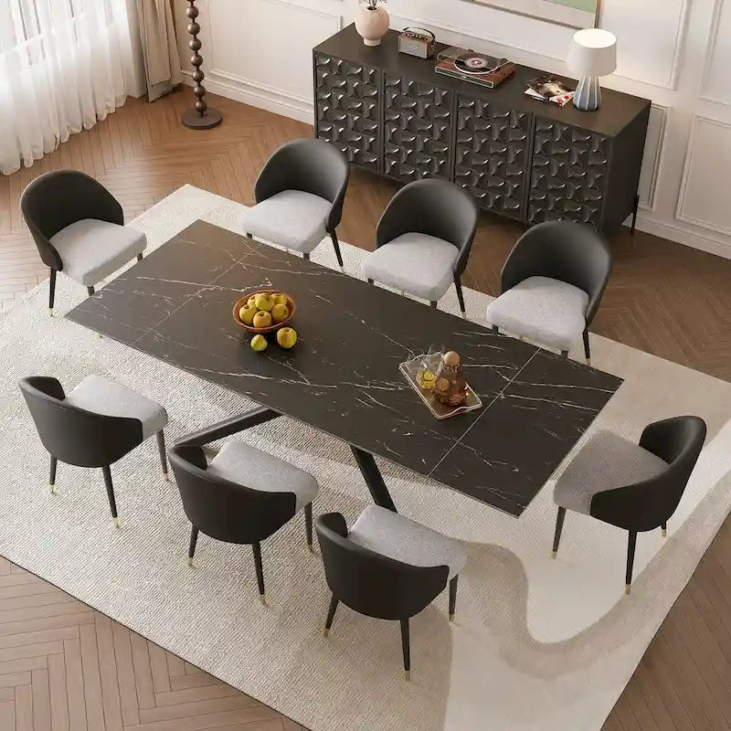 9 - Piece Extendable Rectangular Sintered Stone Cross Legs Dining Set With 8 Chairs For Home or Villa