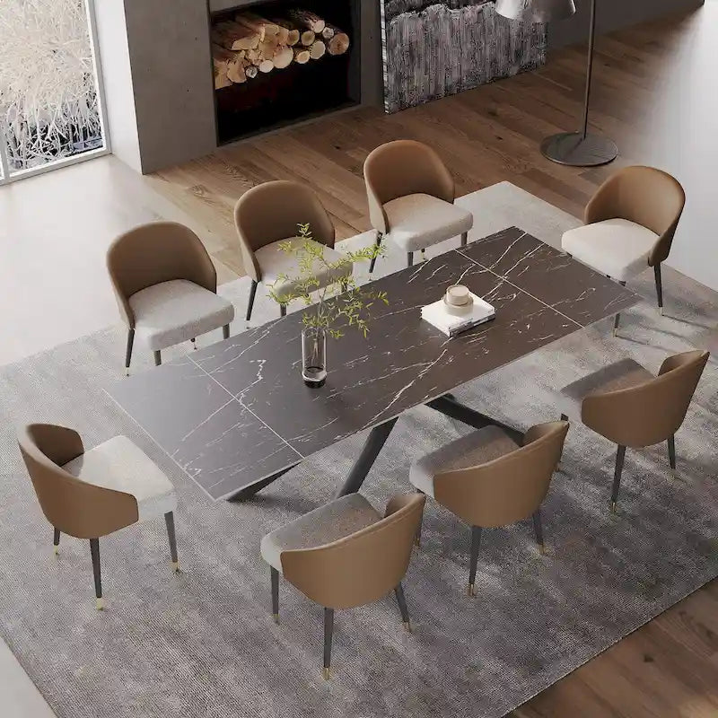 9 - Piece Extendable Rectangular Sintered Stone Cross Legs Dining Set With 8 Chairs For Home or Villa