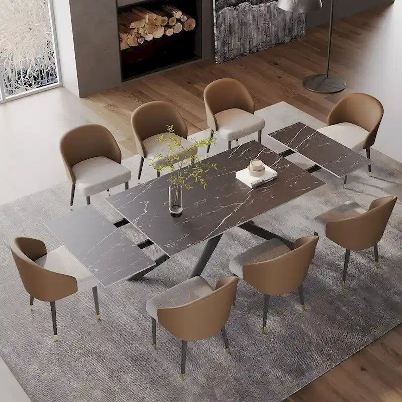 9 - Piece Extendable Rectangular Sintered Stone Cross Legs Dining Set With 8 Chairs For Home or Villa