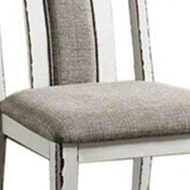 24 Inch Dining Side Chair Set of 2, Rustic White Wood, Gray Fabric Seat