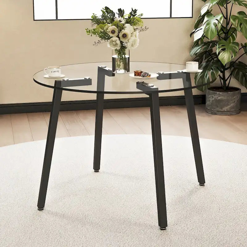 Round Transparent Tempered Glass Table, Tempered Glass Table Top, Black Metal Legs, For Kitchen Living Room, 42 *42 *29.5