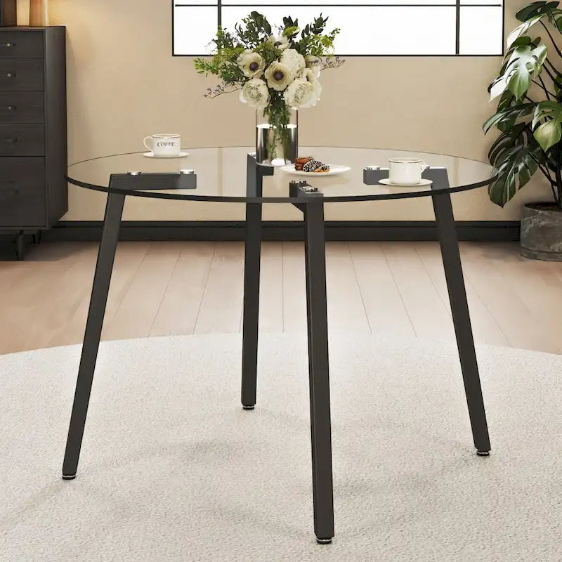 Round Transparent Tempered Glass Table, Tempered Glass Table Top, Black Metal Legs, For Kitchen Living Room, 42 *42 *29.5