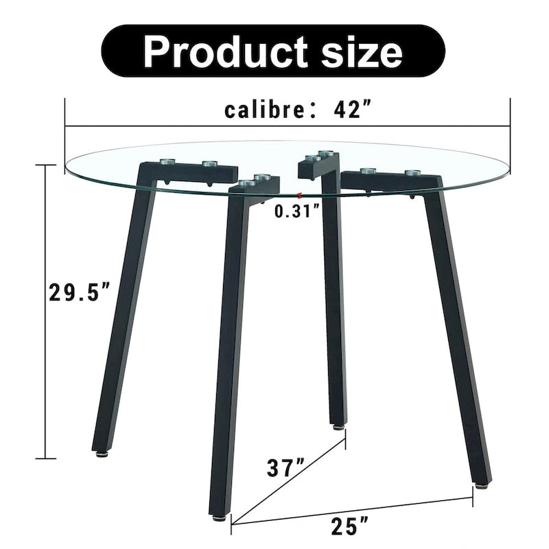 Round Transparent Tempered Glass Table, Tempered Glass Table Top, Black Metal Legs, For Kitchen Living Room, 42 *42 *29.5