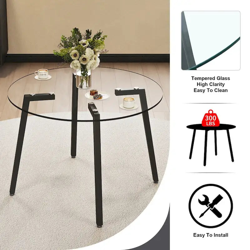 Round Transparent Tempered Glass Table, Tempered Glass Table Top, Black Metal Legs, For Kitchen Living Room, 42 *42 *29.5