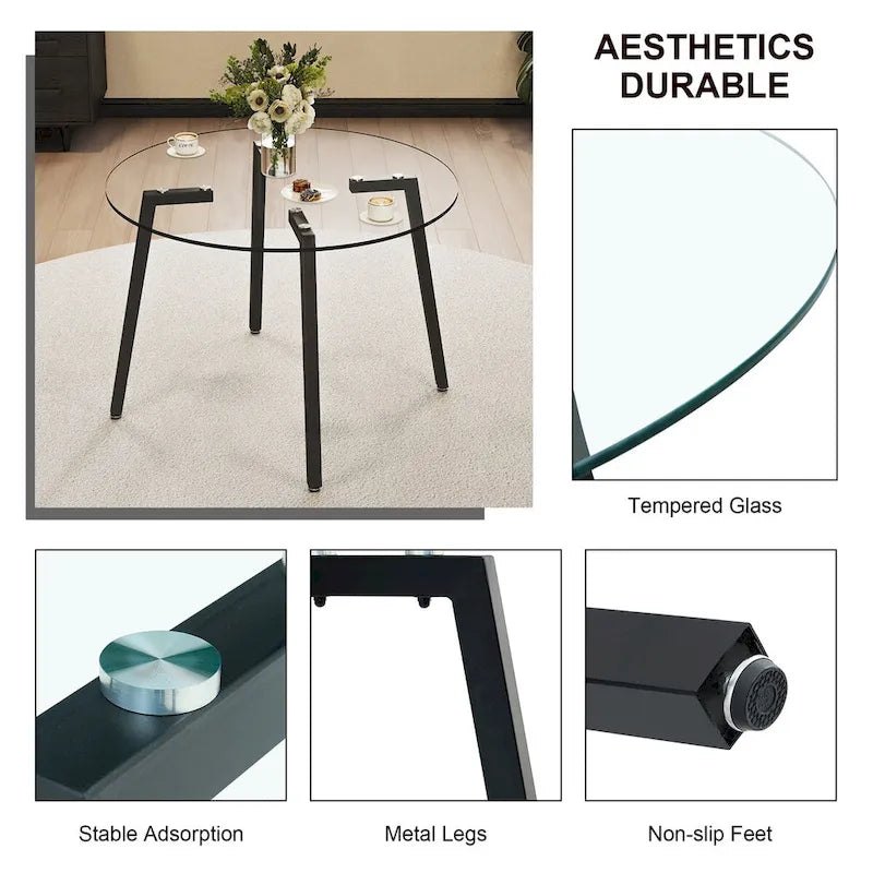Round Transparent Tempered Glass Table, Tempered Glass Table Top, Black Metal Legs, For Kitchen Living Room, 42 *42 *29.5