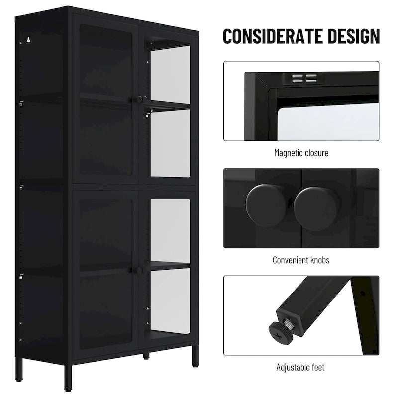 Four Glass Door Storage Cabinet with Adjustable Shelves and Feet Cold-Rolled Steel Sideboard Furniture
