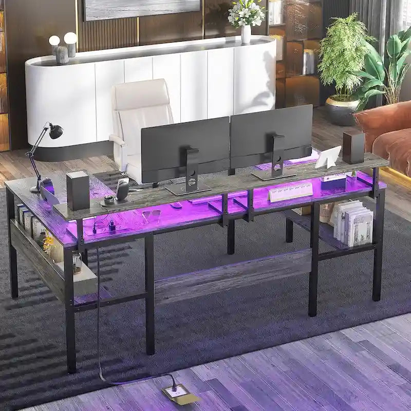 U-Shape Reversible Gaming Desk Monitor Computer Table with USB Ports and LED Lights