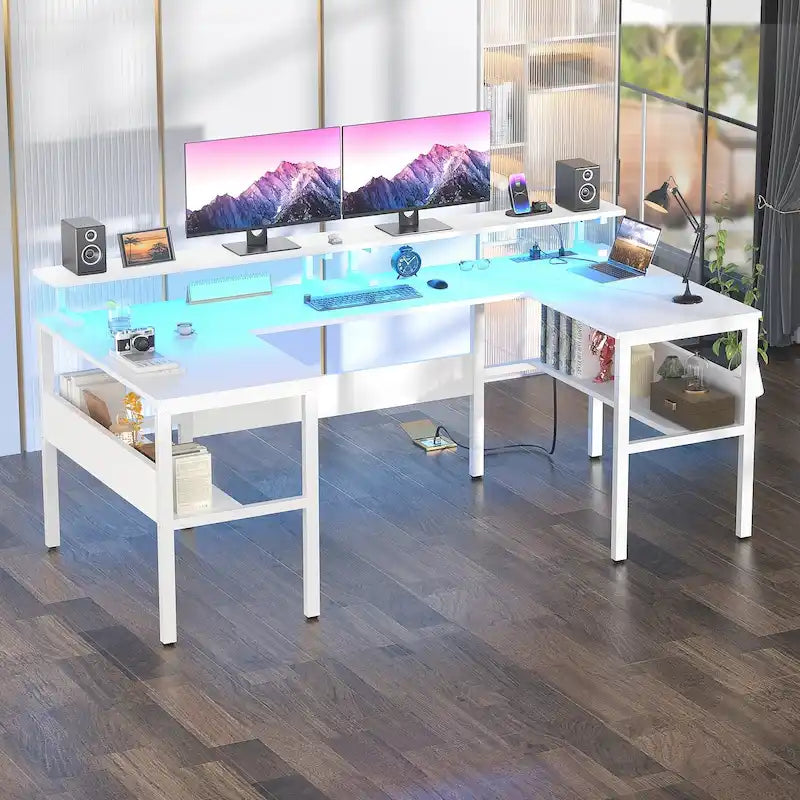 U-Shape Reversible Gaming Desk Monitor Computer Table with USB Ports and LED Lights