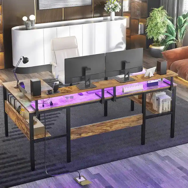 U-Shape Reversible Gaming Desk Monitor Computer Table with USB Ports and LED Lights
