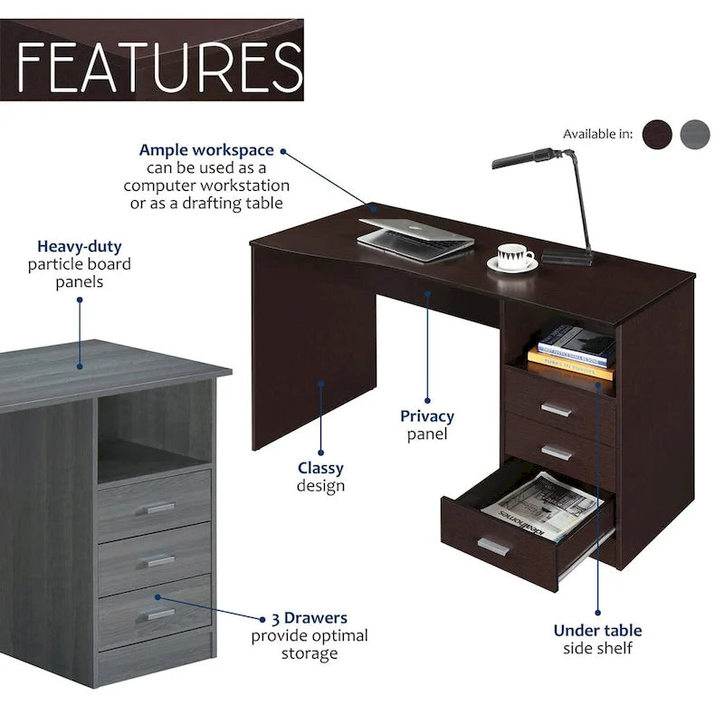 Modern Designs Classic 3-Drawer Computer Desk - Grey