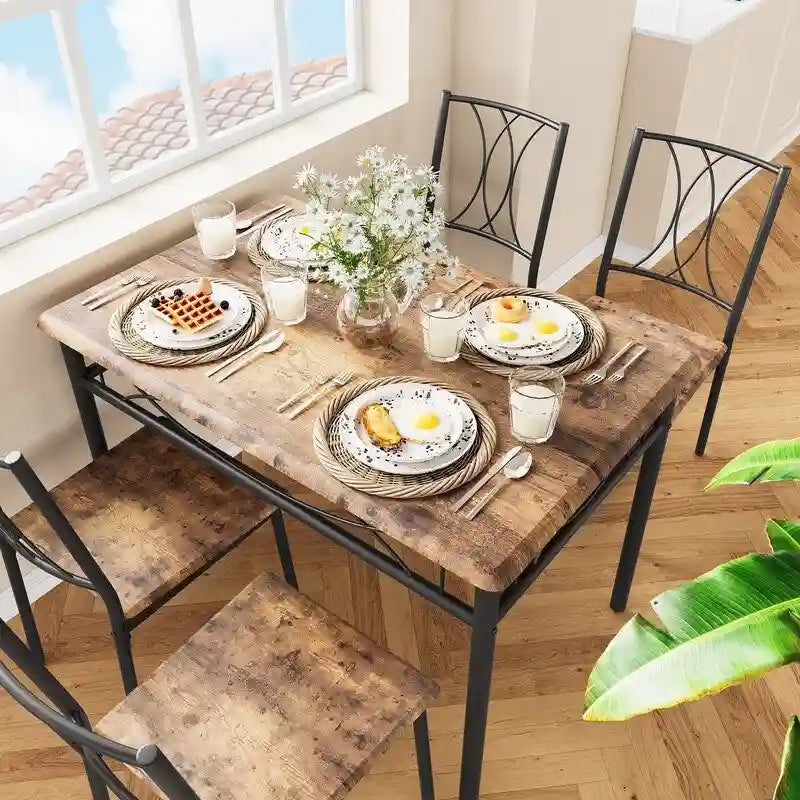 Dining Table Set for 4, Kitchen Table with 2 Upholstered Benches