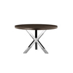 Emi 47 Inch Round Dining Table, X- Cross Brushed Steel, Dark Brown Wood