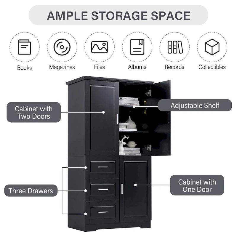 Tall and Wide Storage Cabinet with Doors for Bathroom,Three Drawers