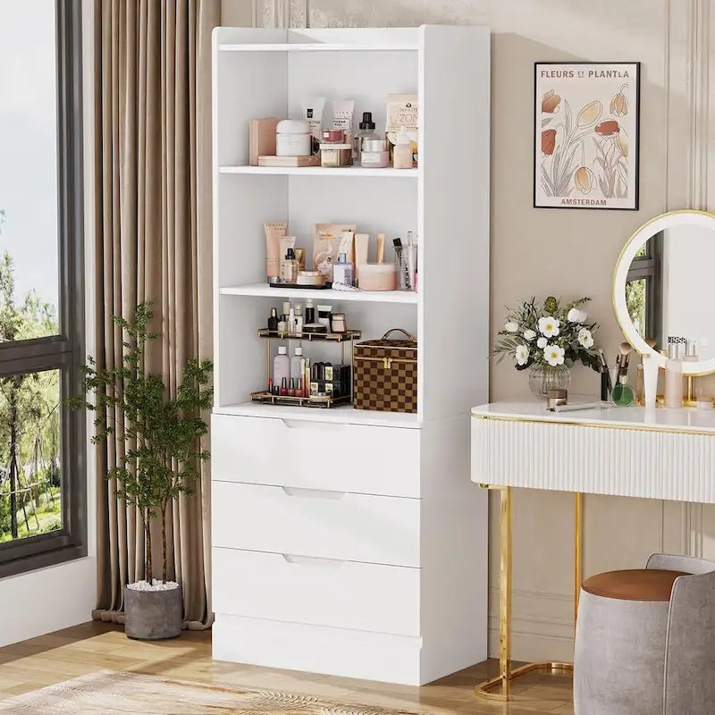 Kitchen Storage Cabinet Bookcase 3 Drawers Open Shelves - N/A