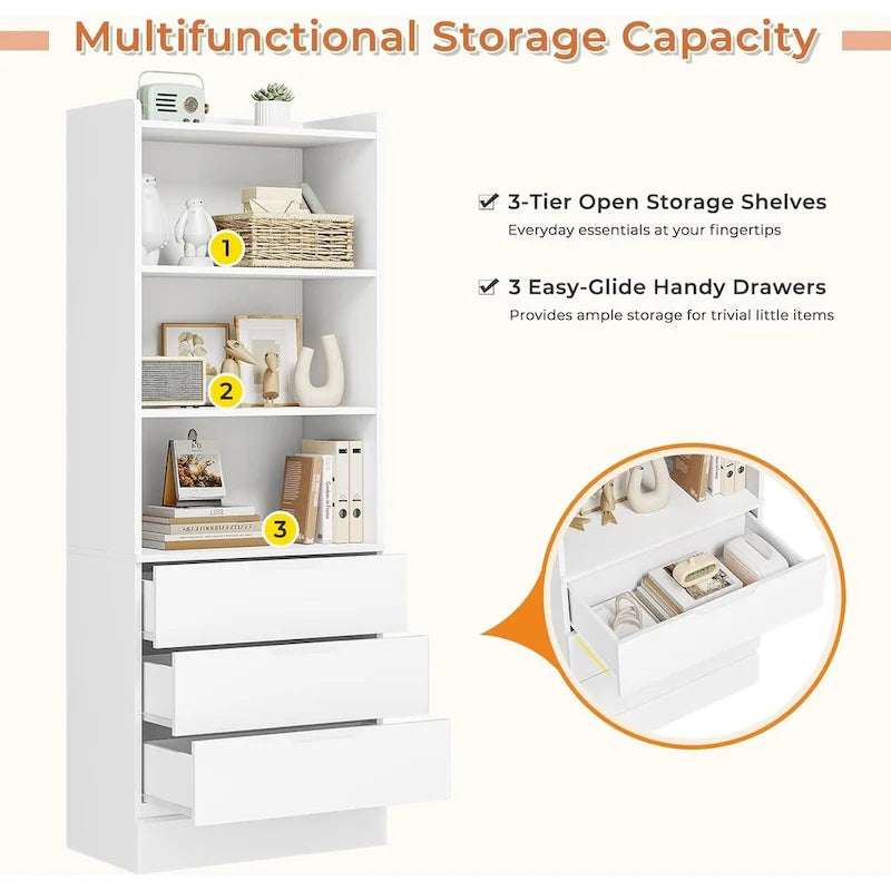 Kitchen Storage Cabinet Bookcase 3 Drawers Open Shelves - N/A