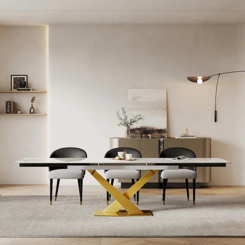 9 - Piece 94.48 Rectangular Extendable Sintered Stone Dining Table with 8 Faux leather Chairs Dining Set