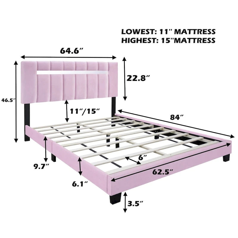 Queen Size Velvet Upholstered Bed Frame with Adjustable Features, Teenage Girl's Favorite Collection