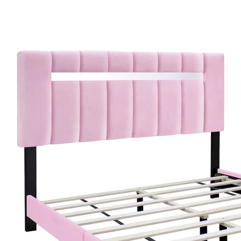Queen Size Velvet Upholstered Bed Frame with Adjustable Features, Teenage Girl's Favorite Collection