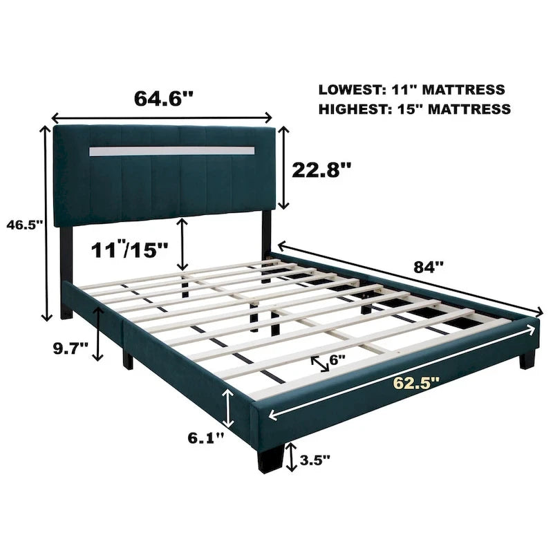 Queen Size Velvet Upholstered Bed Frame with Adjustable Features, Teenage Girl's Favorite Collection