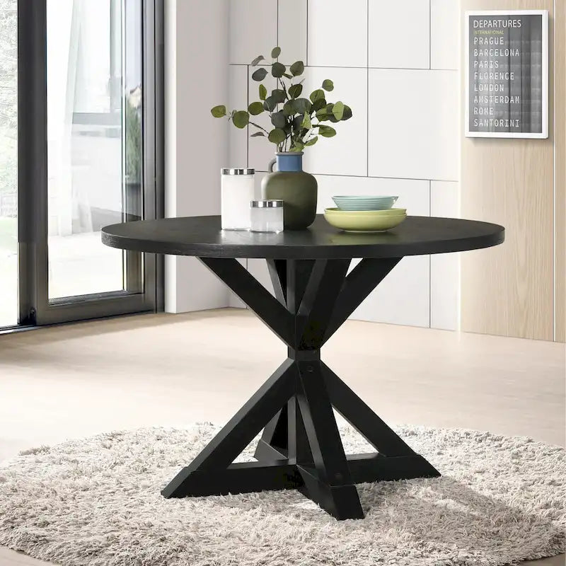 Roundhill Furniture Banff 5-Piece Round Dining Set, Cross-Buck Round Table with 4 Tufted Chairs