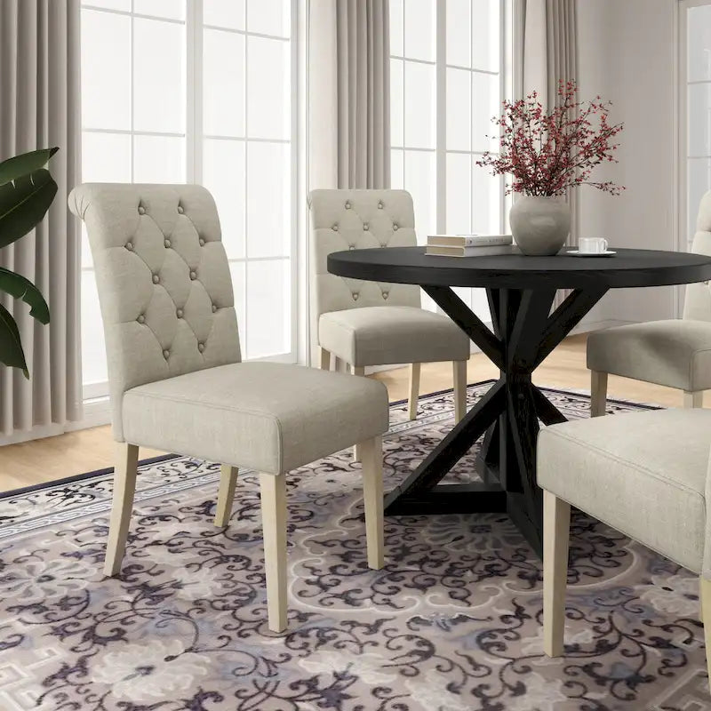 Roundhill Furniture Banff 5-Piece Round Dining Set, Cross-Buck Round Table with 4 Tufted Chairs