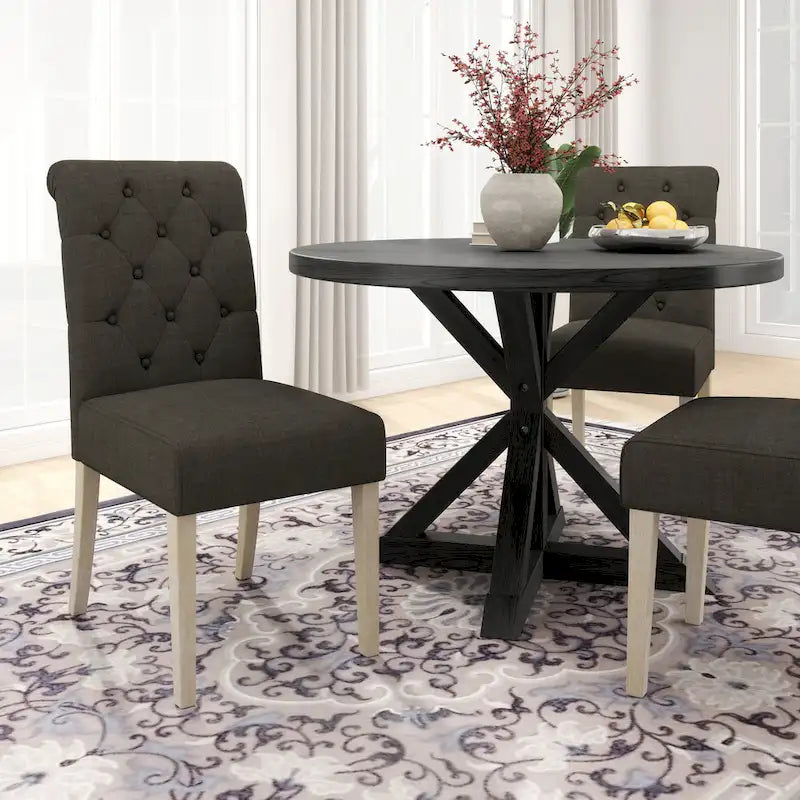 Roundhill Furniture Banff 5-Piece Round Dining Set, Cross-Buck Round Table with 4 Tufted Chairs