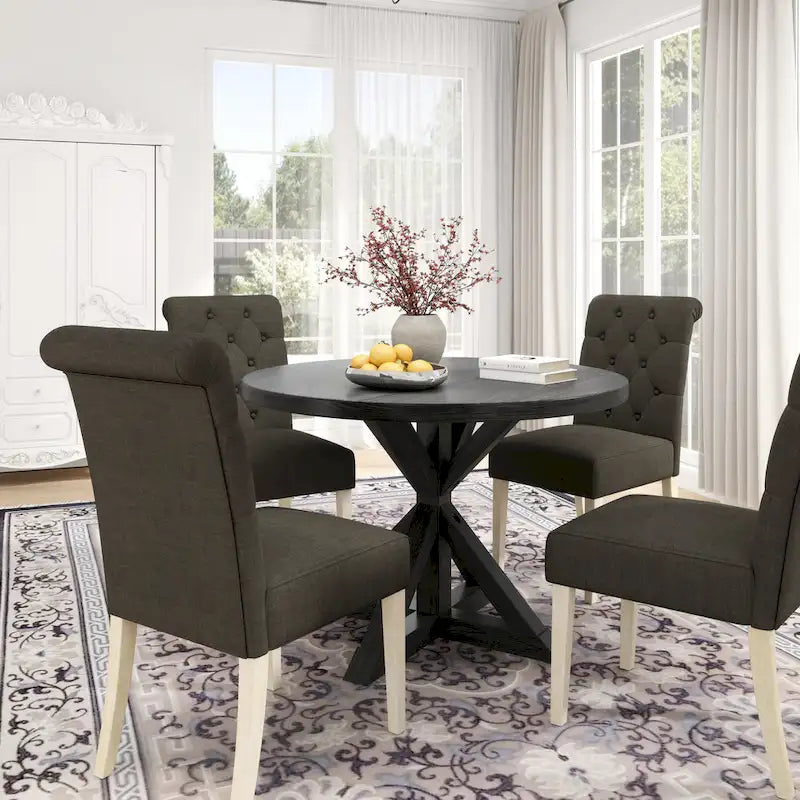Roundhill Furniture Banff 5-Piece Round Dining Set, Cross-Buck Round Table with 4 Tufted Chairs