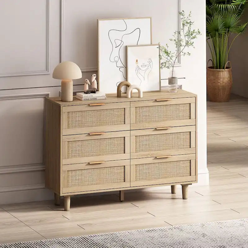 Roomfitters 43.31-Inch 6-Drawer Rattan Storage Cabinet in Natural for Bedroom and Living Room