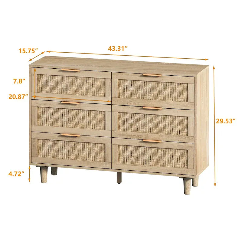 Roomfitters 43.31-Inch 6-Drawer Rattan Storage Cabinet in Natural for Bedroom and Living Room